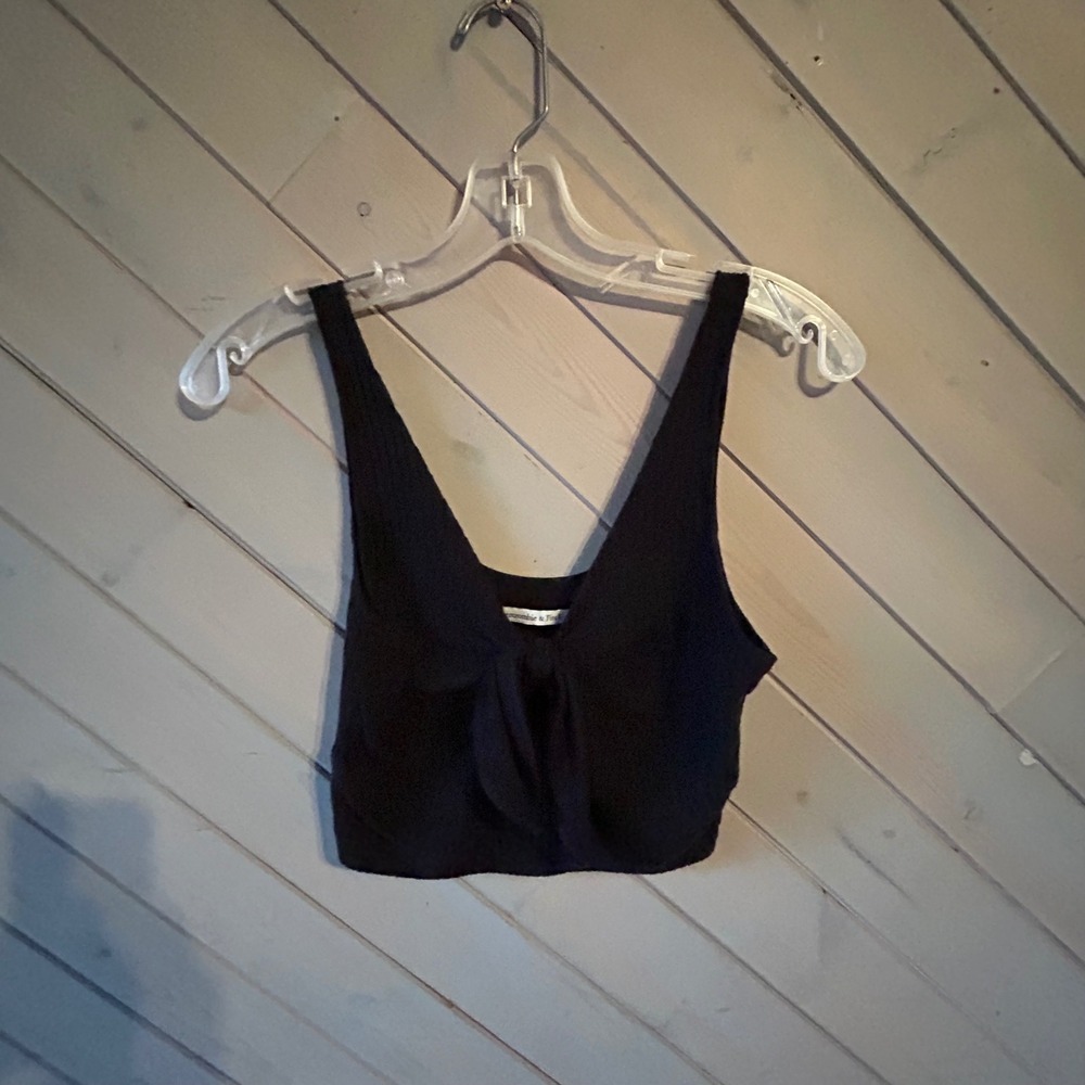 Abercrombie & Fitch Womens Black Ribbed Front Knot V-Neck Crop Top Small